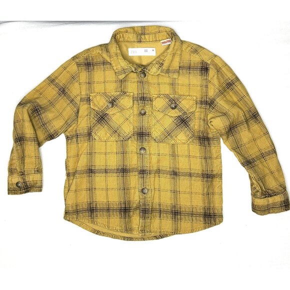 Zara Shirt Boys 2-3 Years 98 Yellow Plaid Flannel Button Up Corduroy Long Sleeve - Picture 1 of 8